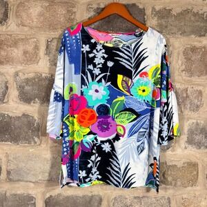 Jams World Tropical Love Floral Print Rayon Bell Sleeve Tunic Top X-Large Hawaii